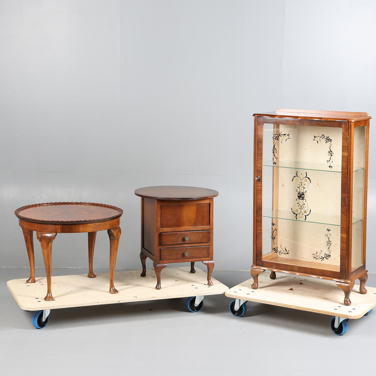 A DISPLAY CABINET, COFFEE TABLE AND SEWING BOX. (3).