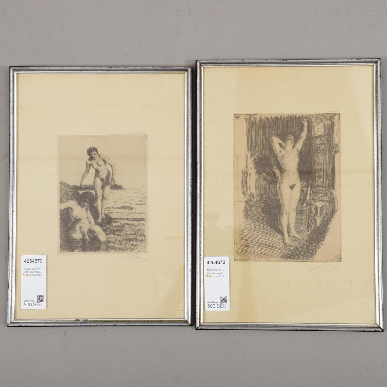 ANDERS ZORN. Efter, etsningar, 2 st, faximiltryck.