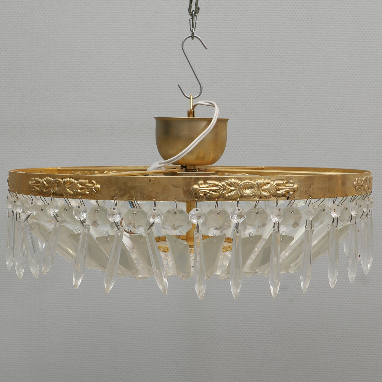 CEILING CHANDELIER, plafond model, brass & prisms.