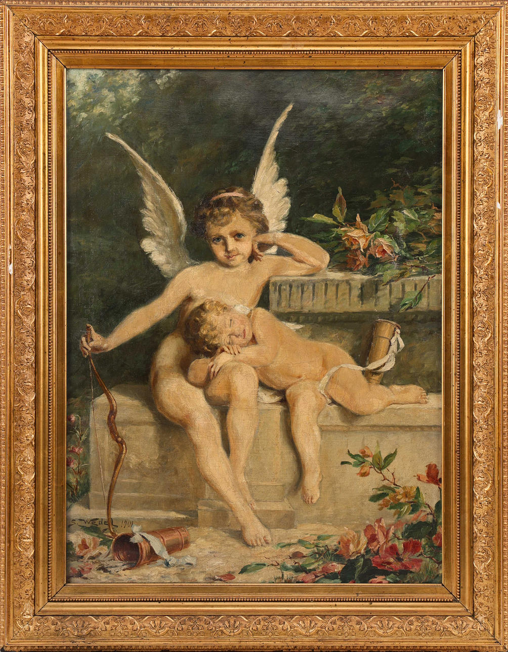 OIDENTIFIERAD KONSTNÄR. Park motif with putti, oil on canvas, signed S. Wedel.