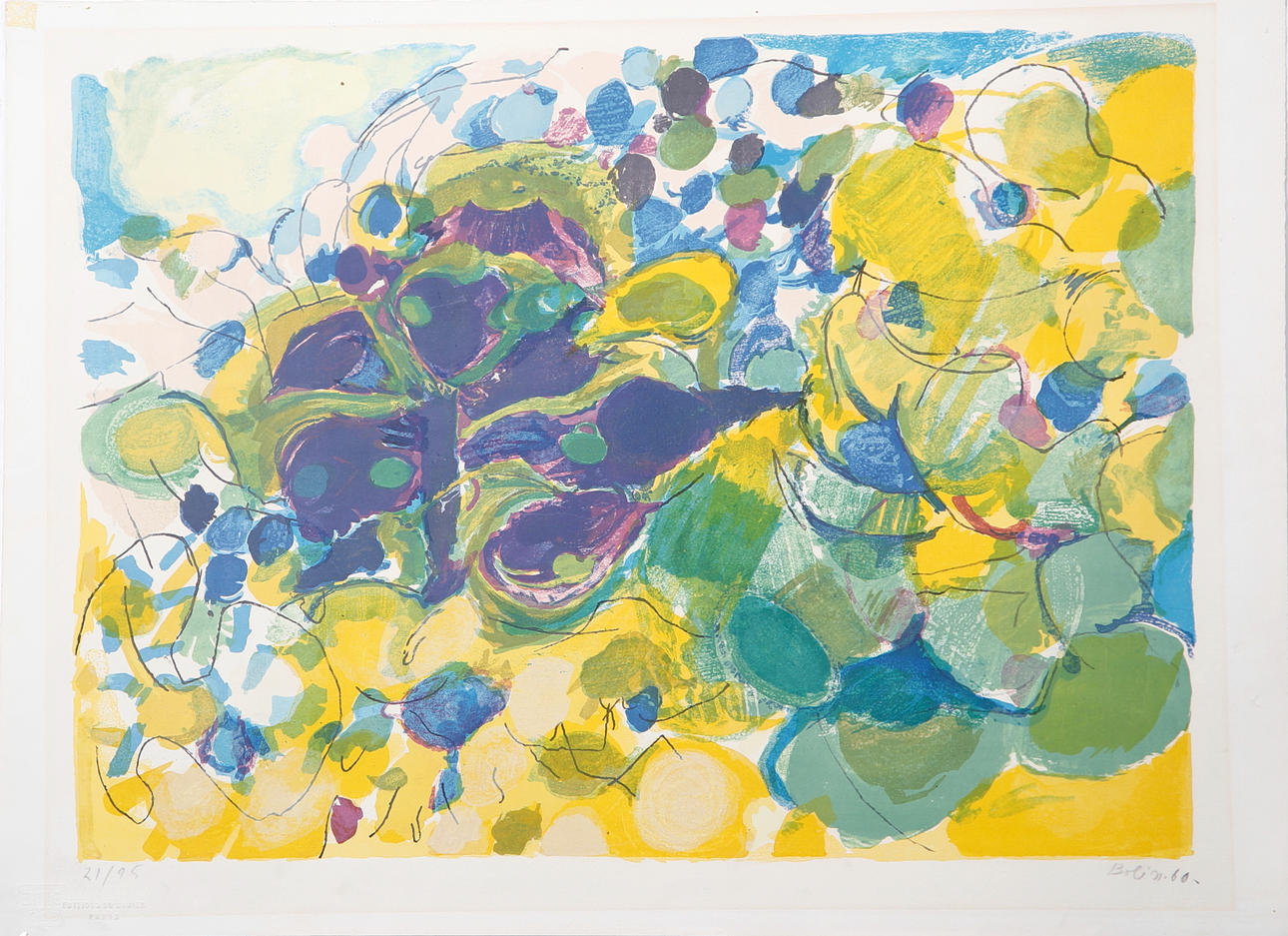 GUSTAV BOLIN. Komposition med blommor, färglitografi nr 21/95, signerad Bolin och daterad -60.