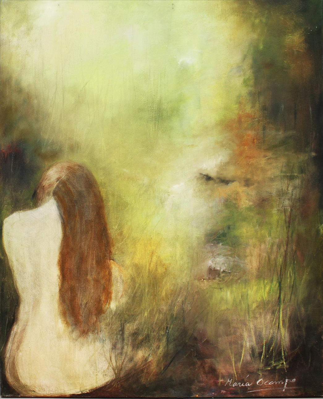 MARIA OCAMPO. Kvinna i drömlandskap. Olja på duk. Signerad.