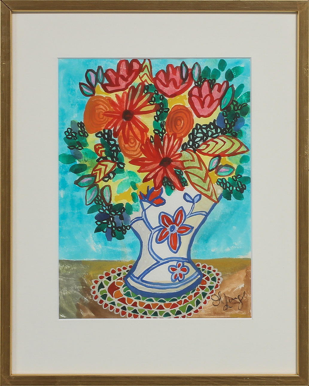 MARIKA LANG. Blommor i vas, blandteknik, signerad.