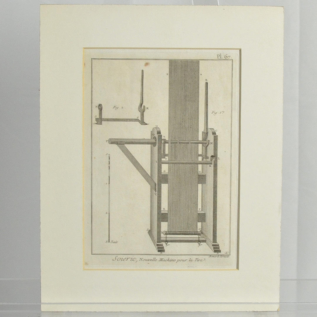 STUDIO ROBERT BENARD. SILK PRODUCTION - NEW MACHINE FOR MAKING SILK AFFY, COPPER ENGRAVING, 1765, SIGNED IN STONE.