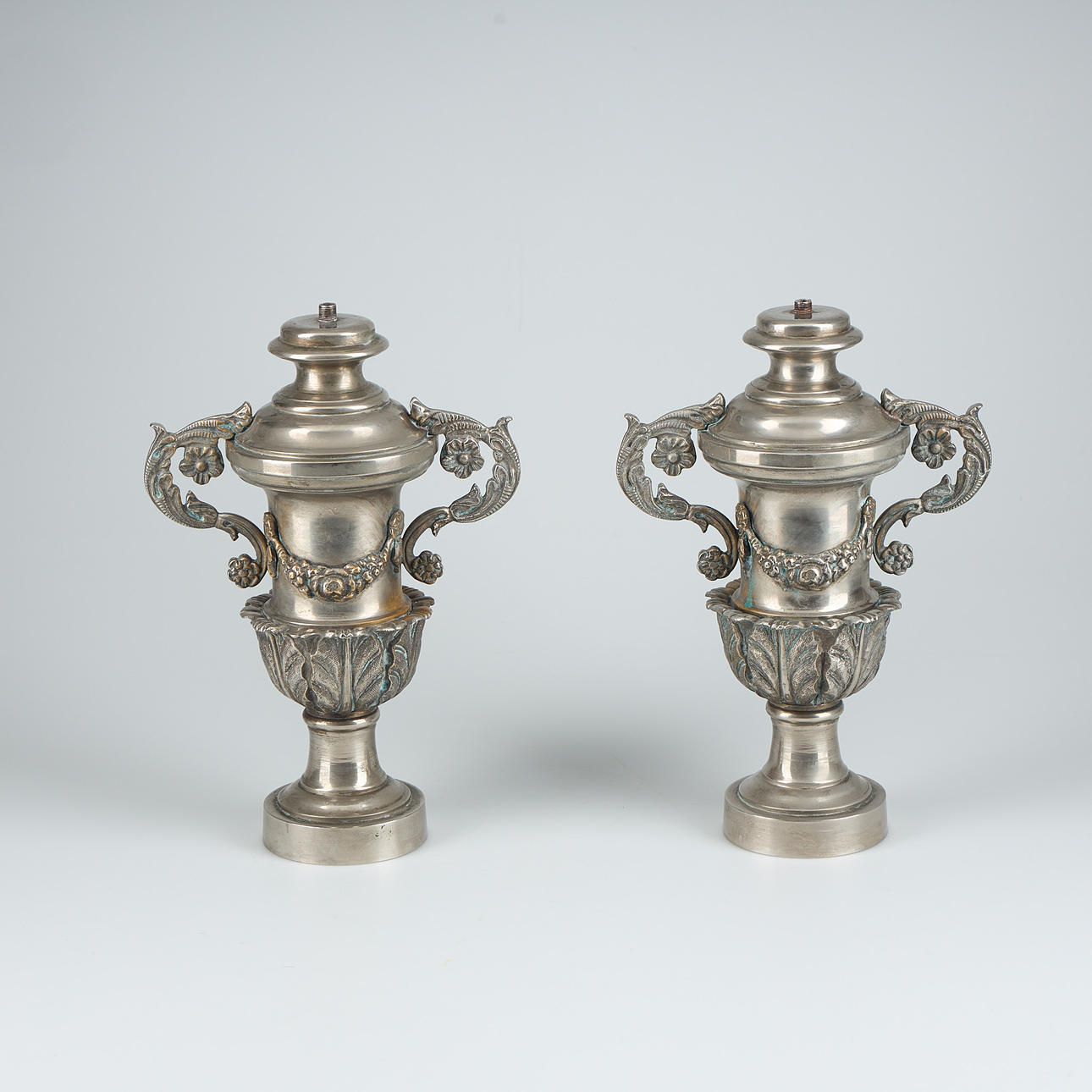 A PAIR OF LAMP BASES, tinned brass.