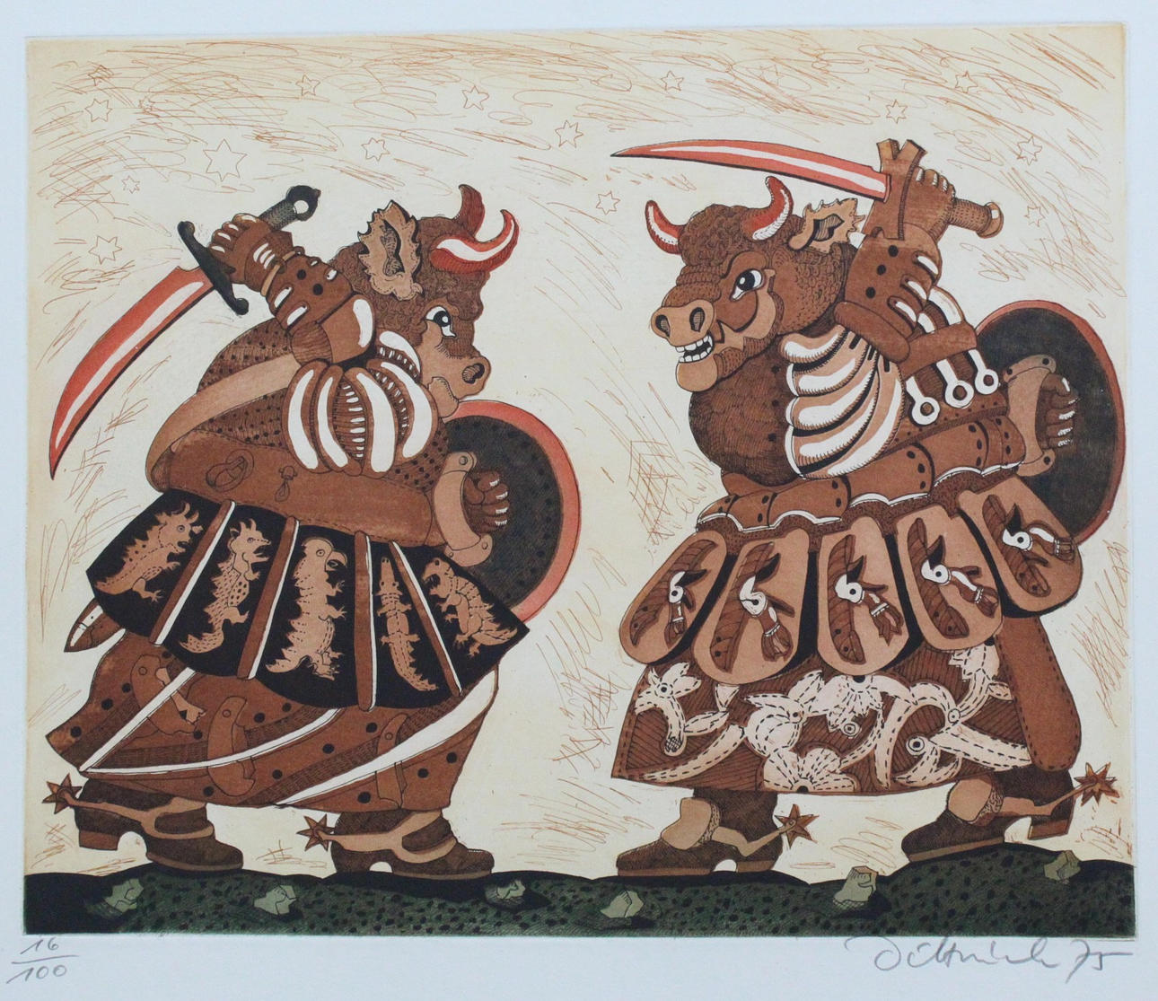 Unknown artist. 'Bullfight', lithograph, signed.