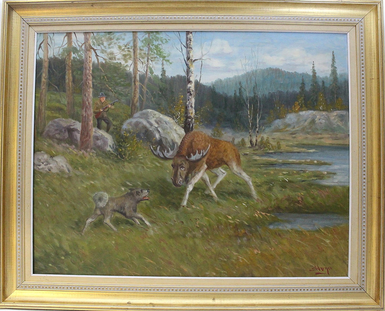 OIDENTIFIERAD KONSTNÄR. olja på duk, jaktmotiv, signerad.