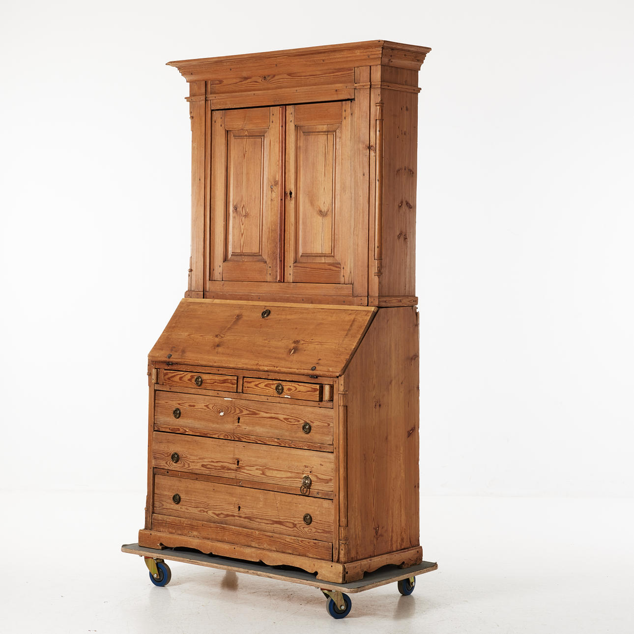 WRITING CABINET, pine, two-piece, circa 1800, interior with drawers.