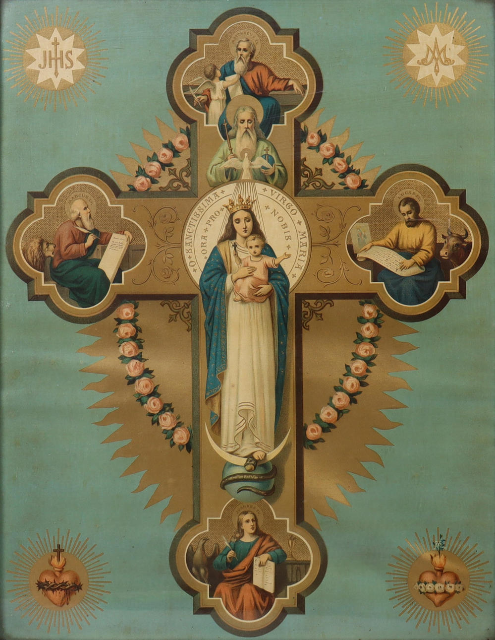 RELIGIØST TRYK, Jomfru Maria og krucifiks.