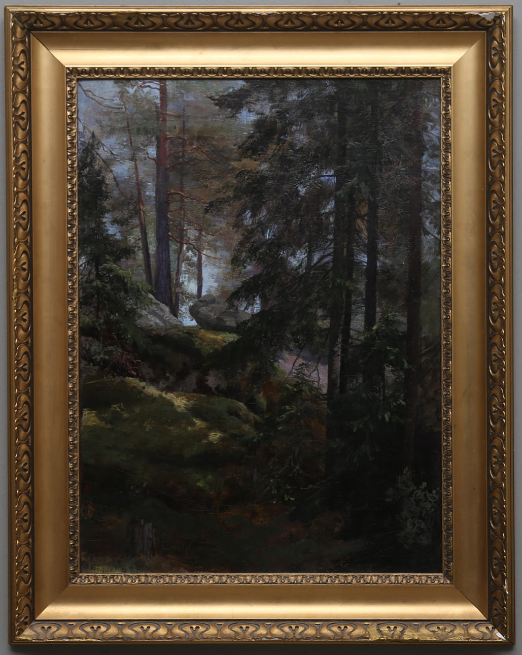 FANNY HJELM. "I skogen". Olja på pannå, signerad.