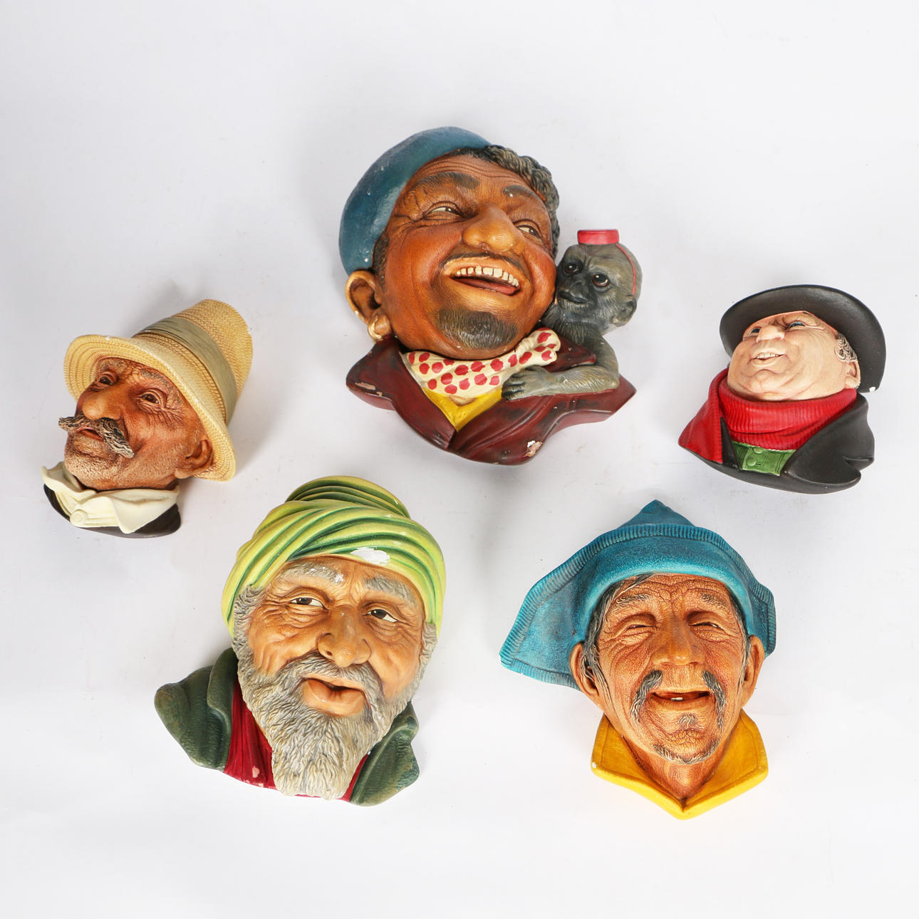 FIVE HAND PAINTED PLASTER WALL RELIEFS INCLUDING EXAMPLES BY BOSSONS (5).