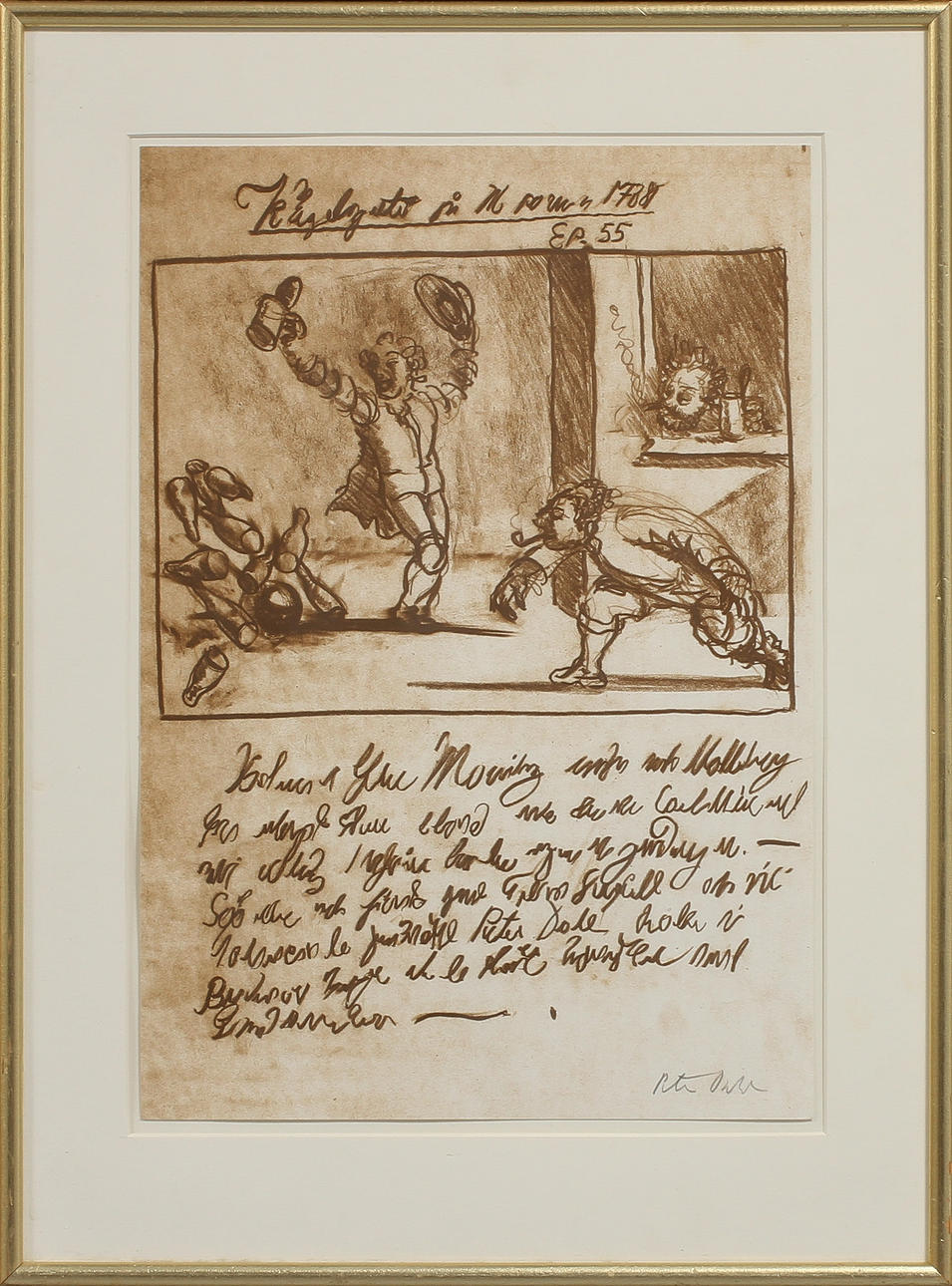 PETER DAHL. Figurscen, litografi, signerad.