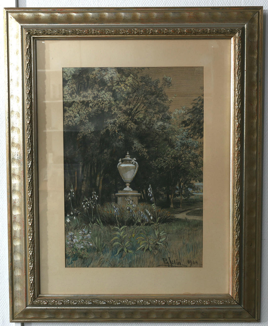 ELLEN JOLIN. Blandteknik, Parkmiljön signerad E Jolin, daterad 1904.