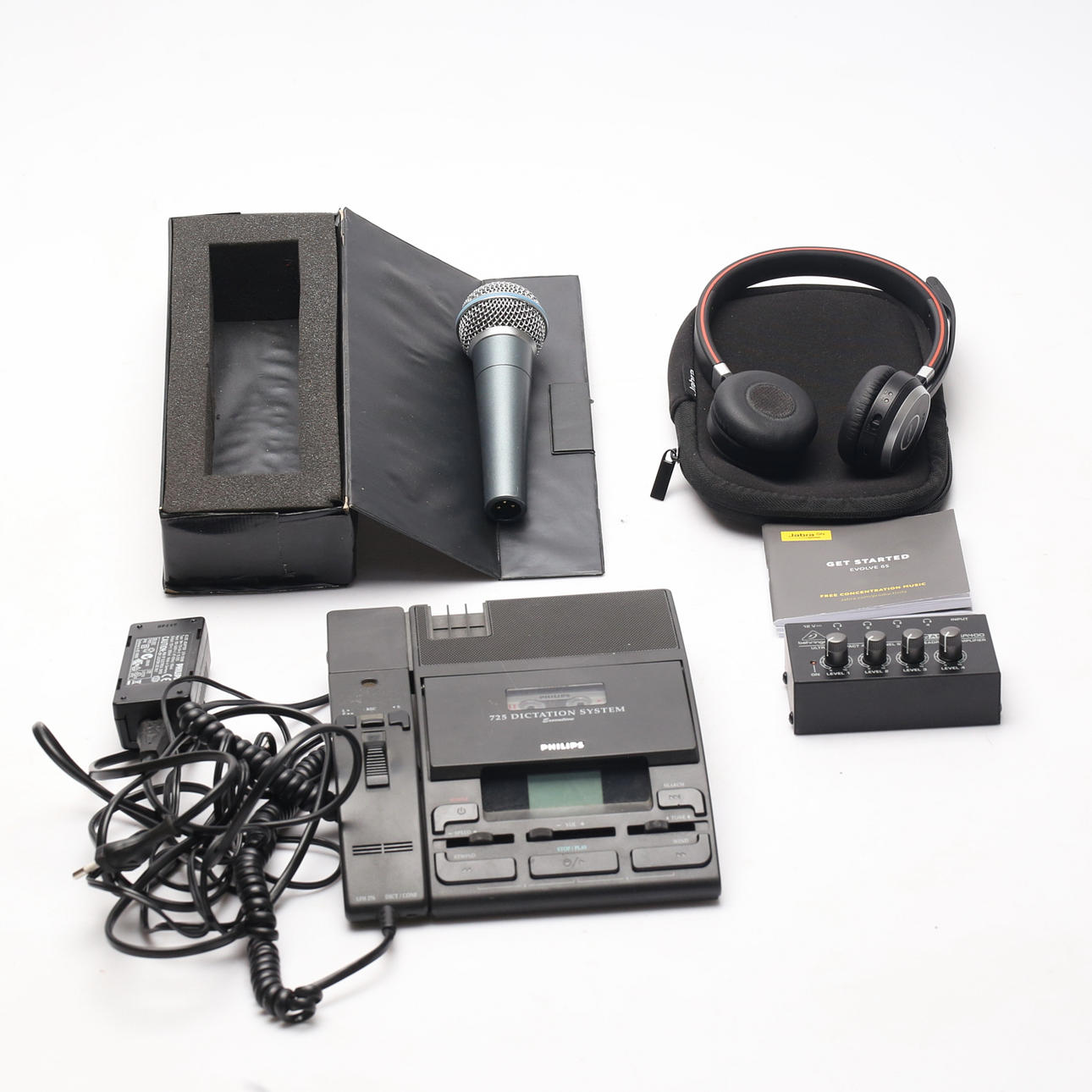 4-delt musiktilbehør, Jabra, Philips, Behringer.