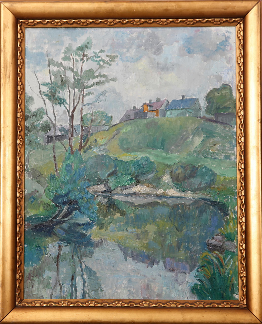 OIDENTIFIERAD KONSTNÄR. Landskap med hus, olja på duk, otydlig signatur.