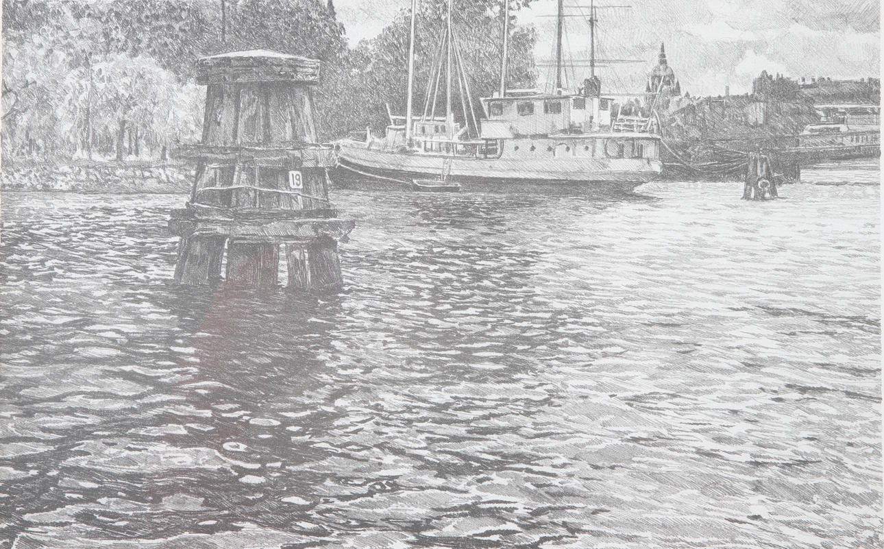 PIETRO DALLA-SANTA. Lithograph, “Towards Skeppsholmen”, signed, numbered XXIV/XL, 20th century.