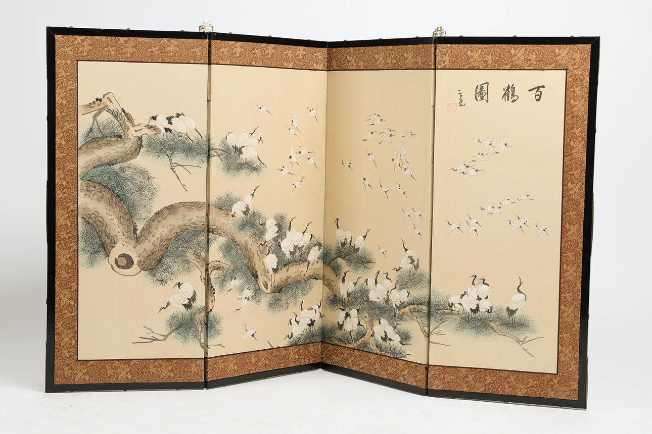 OIDENTIFIERAD KONSTNÄR. Bird colony, mixed media on canvas on so-called Byobu, (four-part panel), signed.