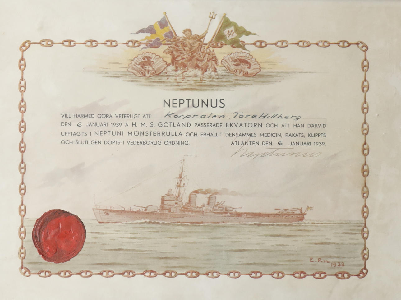 NEPTUNIDIPLOMA, “Pattern Roll H.M.S. Gotland”, 1939.