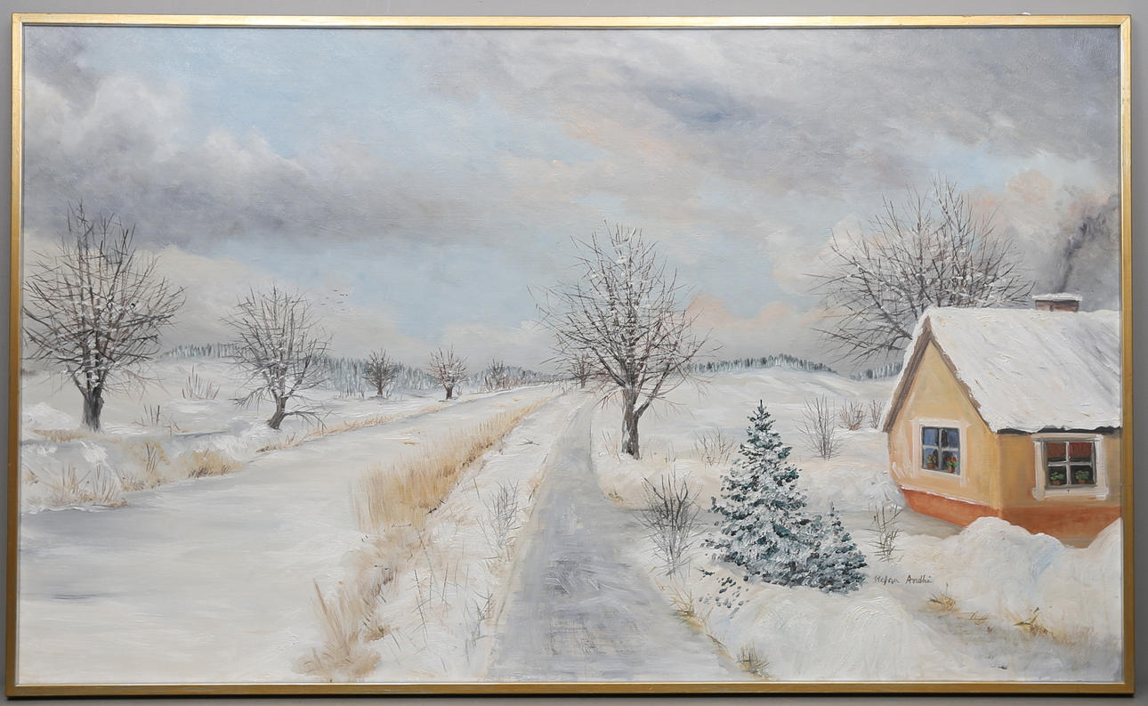 STEFAN ANDHÈ. Landskap i vinterskrud. Olja på duk. Signerad.