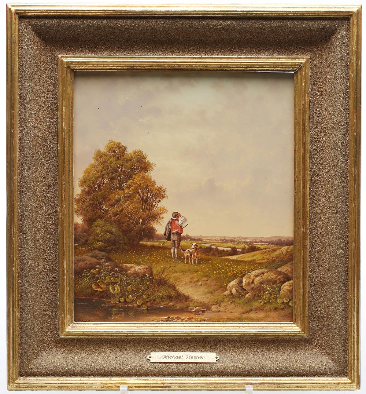 MICHAEL, HESNER (GEB. 1944 GRAZ). Stretch landskap med vandrare och hans hund.