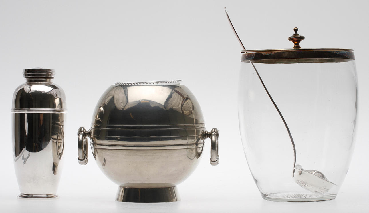 DIVERSE, 3 delar, SHAKER, nysilver, CG Hallberg, VAS, tenn, GAB, Stockholm 1937, BÅLSKÅL med SLEV, nysilver och glas.