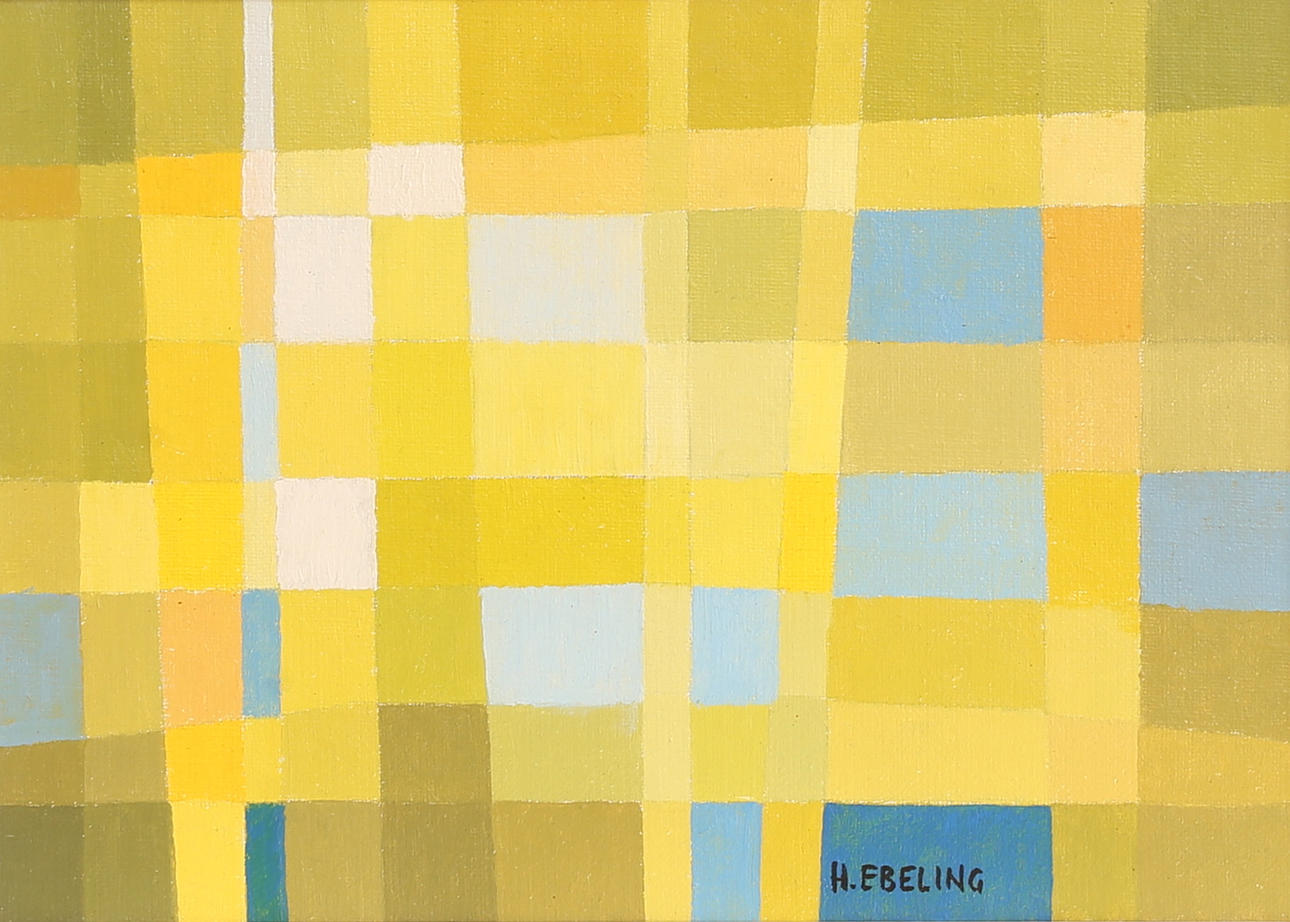 HARRIET EBELING. Oil on canvas, “Color composition, Yellow with Blue Box “, signed.
