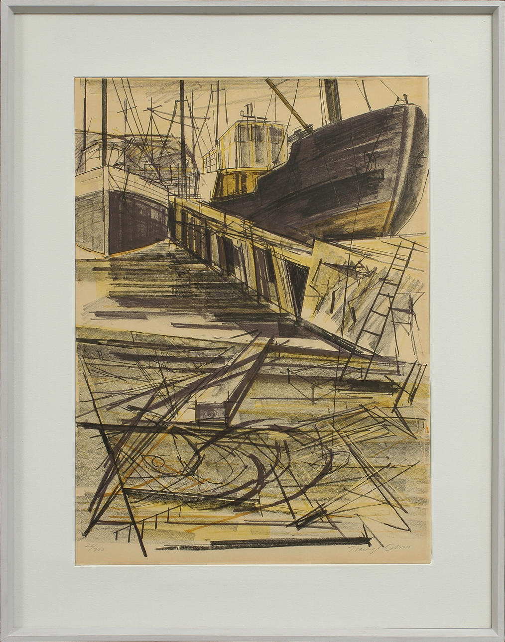 BENGT OLSON. Hamnbild, färglitografi, signerad och numrerad22/300.