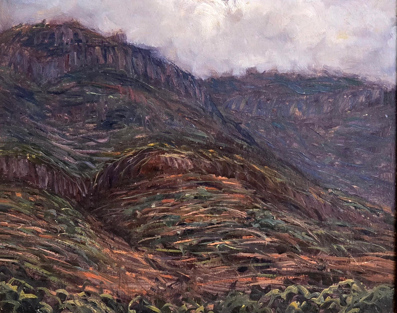 OIL, CANVAS, UNSIGNED MOUNTAIN LANDSCAPE.