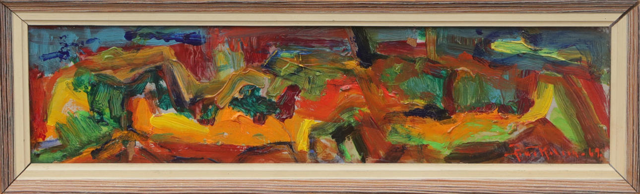 OIDENTIFIERAD KONSTNÄR. OLIE, på panel, Skogsbacke, signeret, 1969.