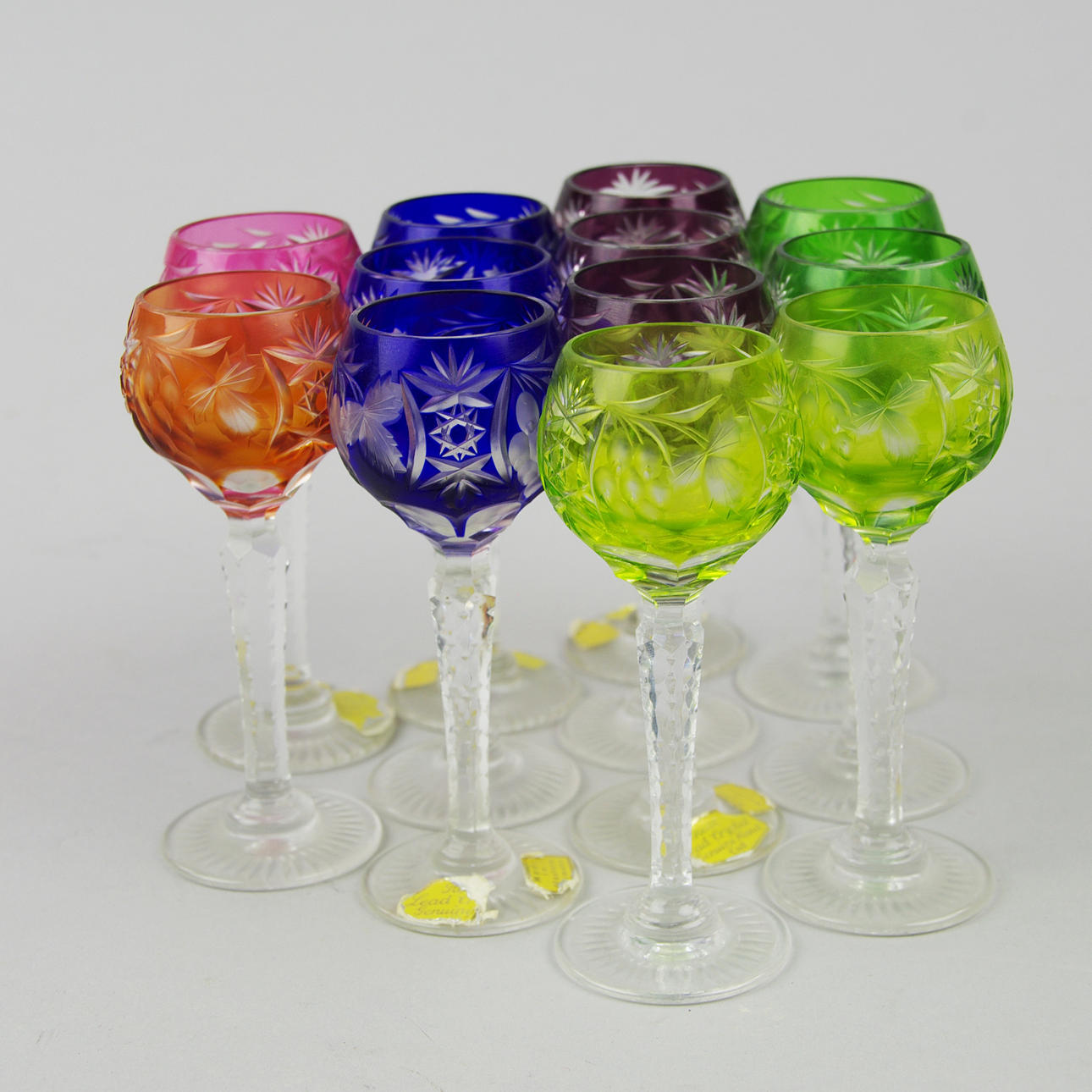 LIKÖRGLAS, kristall med olikfärgade kupor, Tyskland.