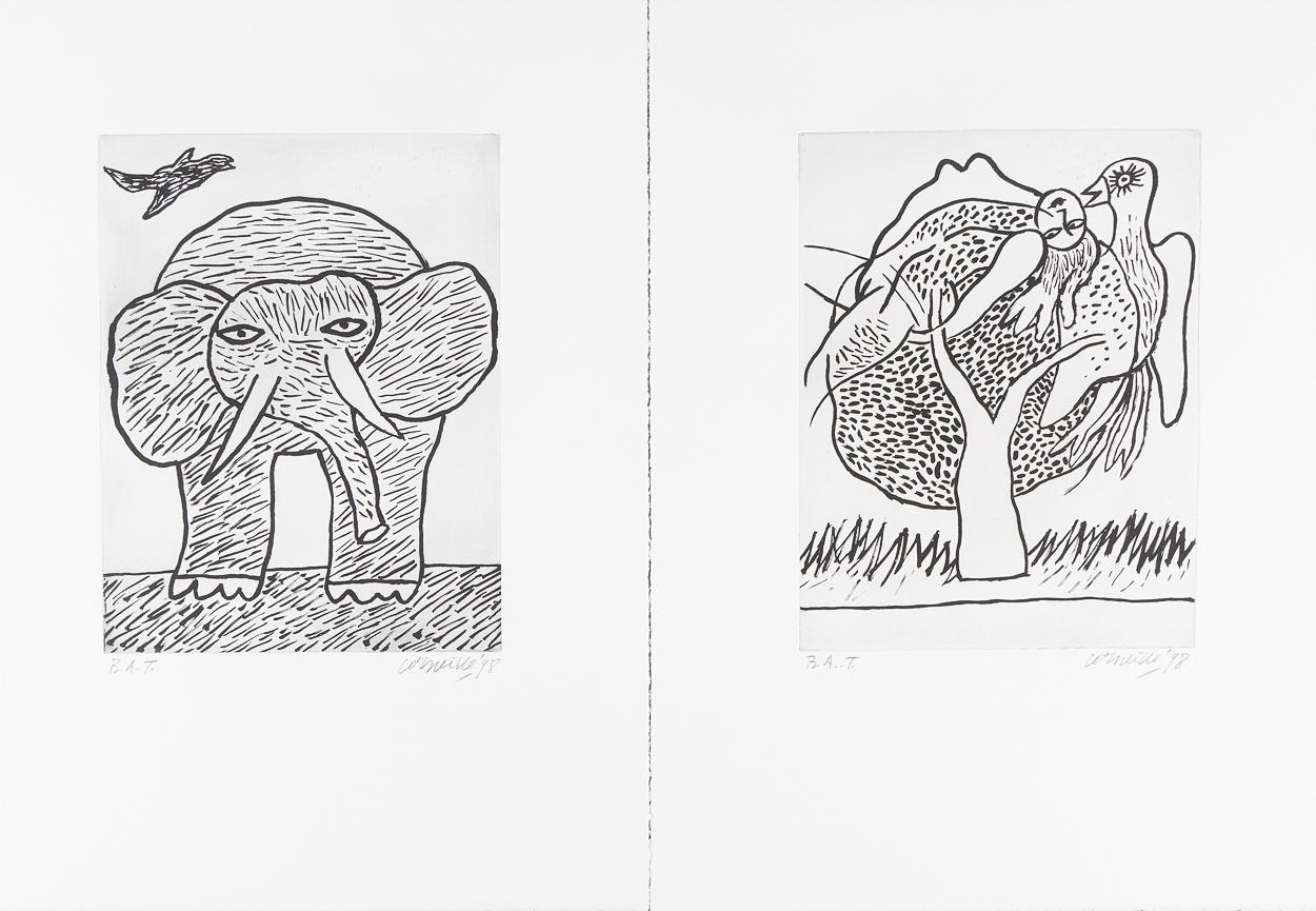 BEVERLOO CORNEILLE. Kompositioner, 2 stycken, etsningar, oramade blad.