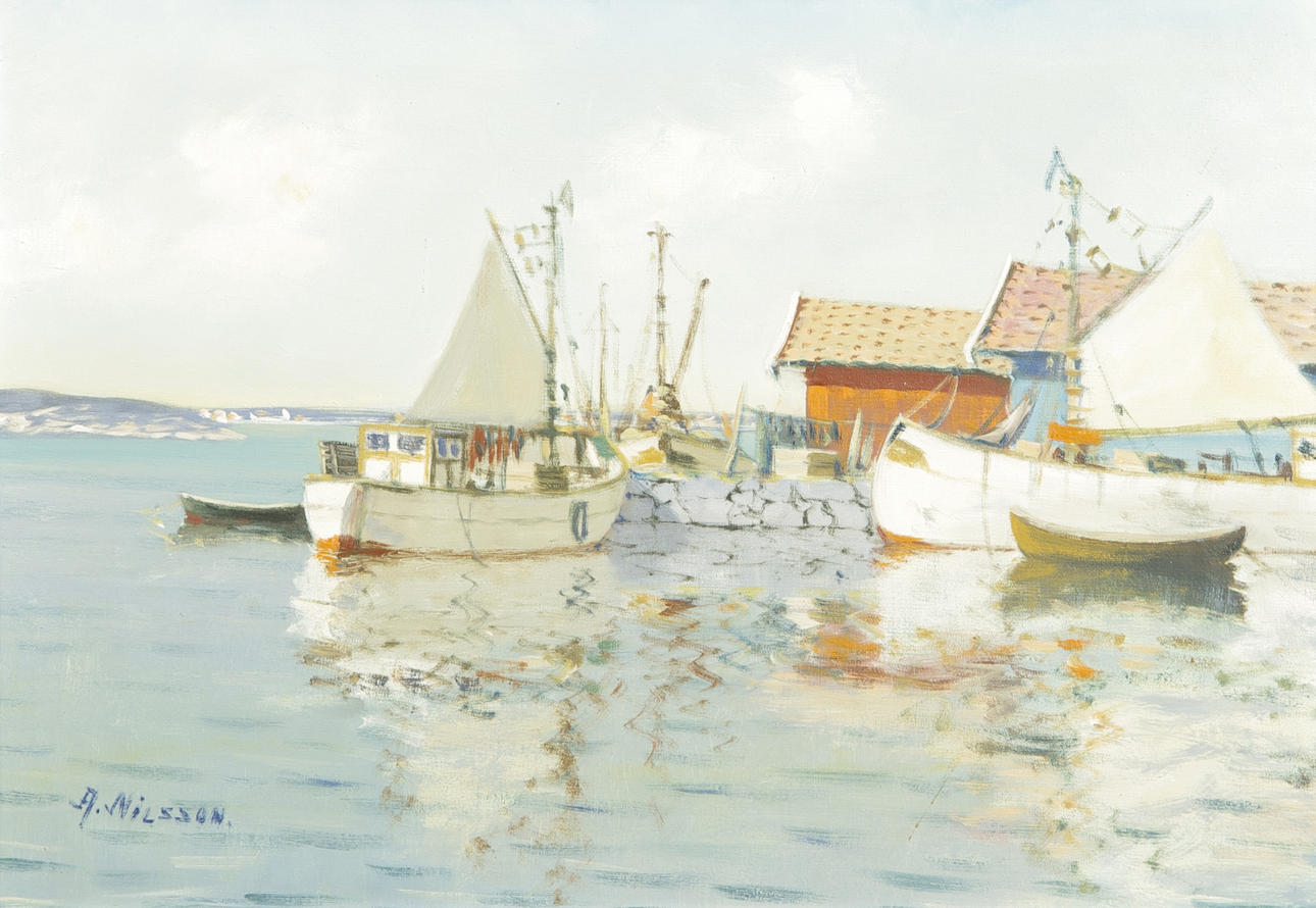 OIDENTIFIERAD KONSTNÄR. Fiskehamn, olja på duk, signerad A. Nilsson.