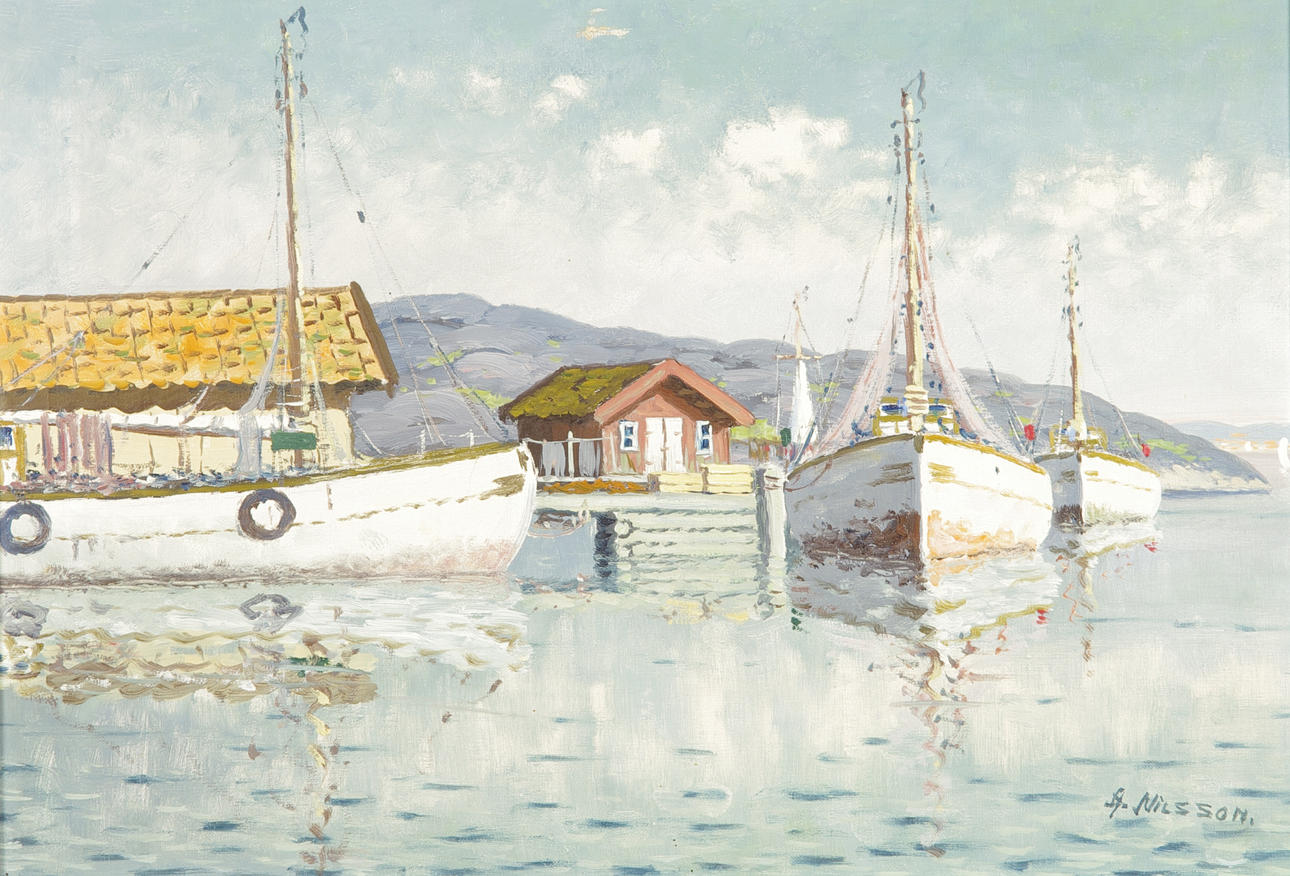 OIDENTIFIERAD KONSTNÄR. Fiskehamn, olja på duk, signerad A. Nilsson.