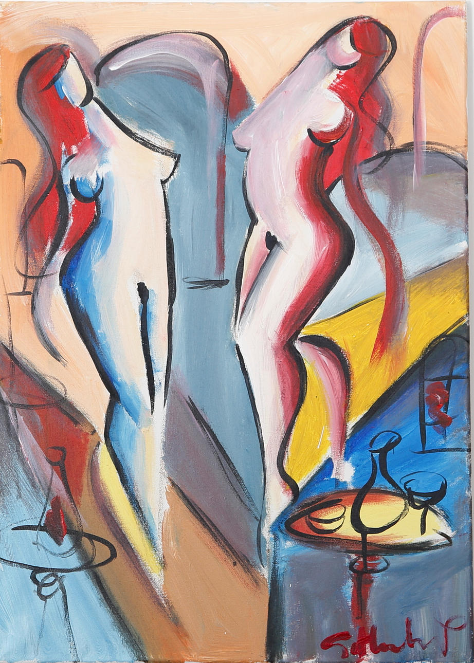 GÖRAN HAUSENKAMP. Akryl på duk, signerad G Hausenkamp. Två modeller, två karaffer.