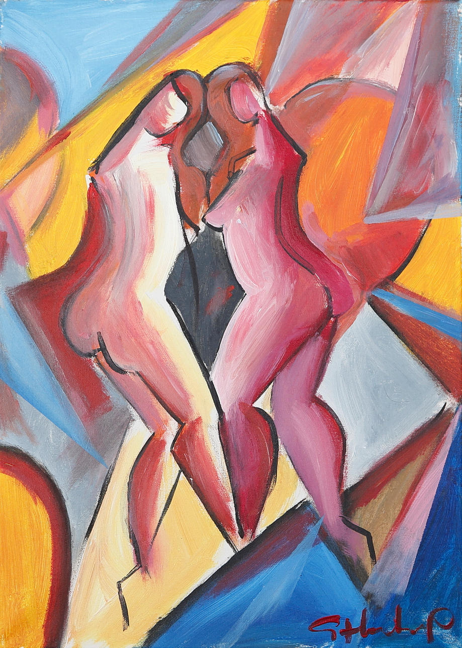 GÖRAN HAUSENKAMP. Akryl på duk, signerad G Hausenkamp. Två modeller mot brandgul fond.