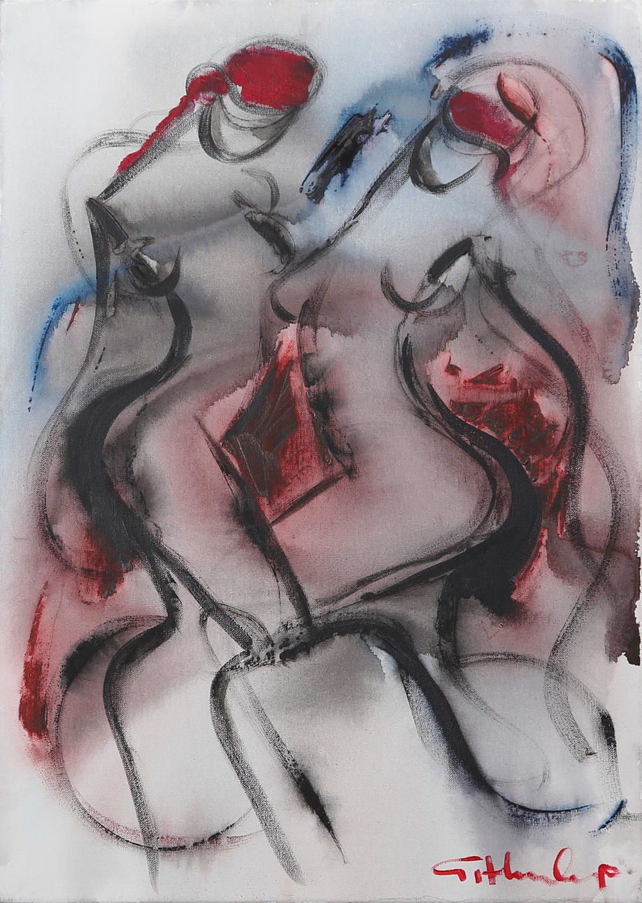 GÖRAN HAUSENKAMP. Akryl på duk, signerad G Hausenkamp. Modeller i ett rosa rum.