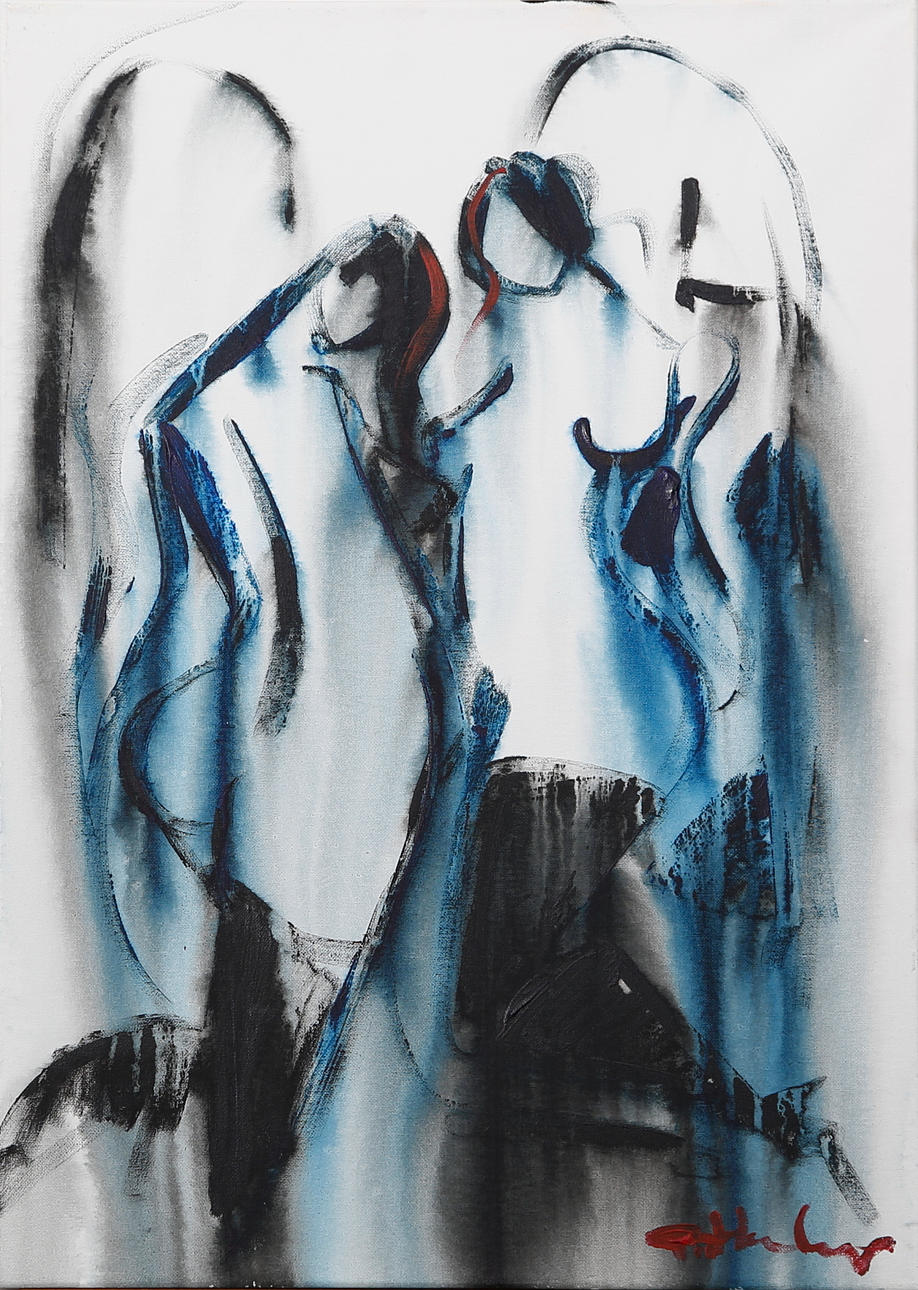 GÖRAN HAUSENKAMP. Akryl på duk, signerad G Hausenkamp. Två blå modeller.