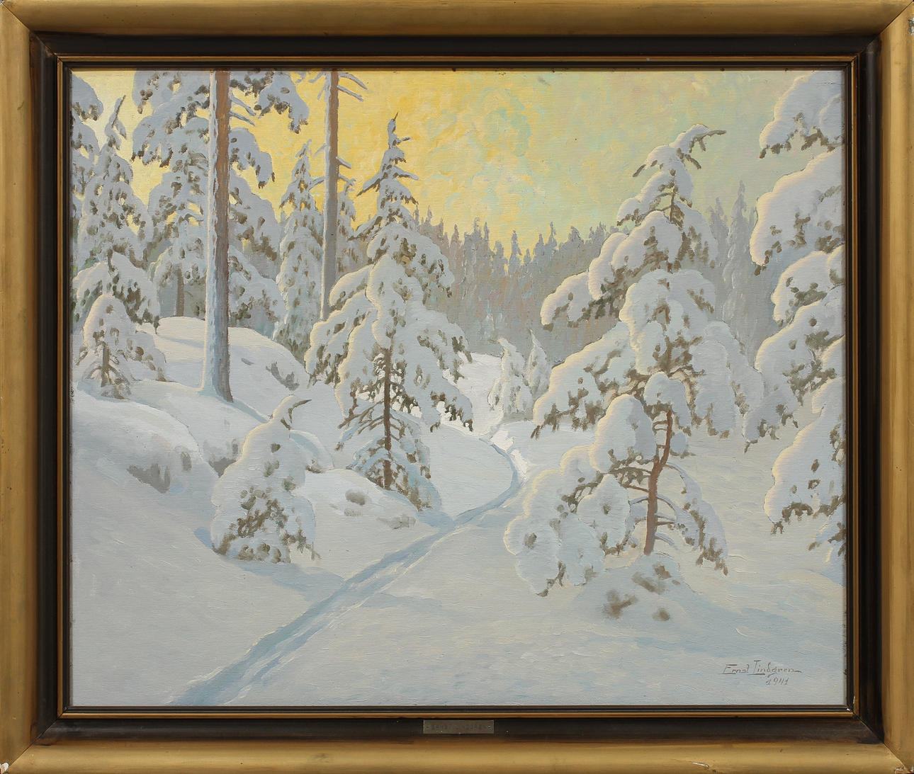 ERNST LINDGREN. Vinterlandskap, olja på pannå, signerad och daterad 1941.