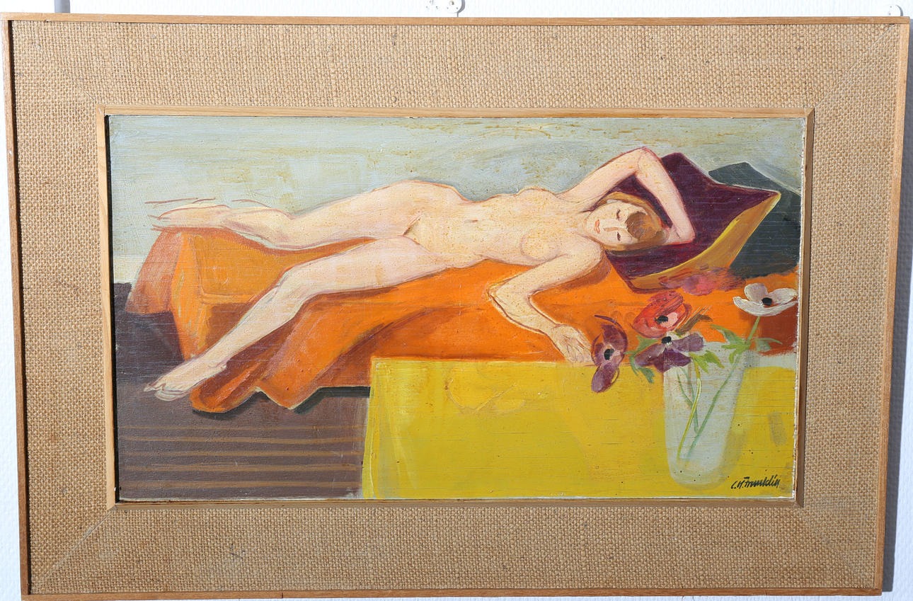 CARL MAGNUS FRANKLIN. Olja på pannå, Poserande kvinna, signerad C M Franklin.