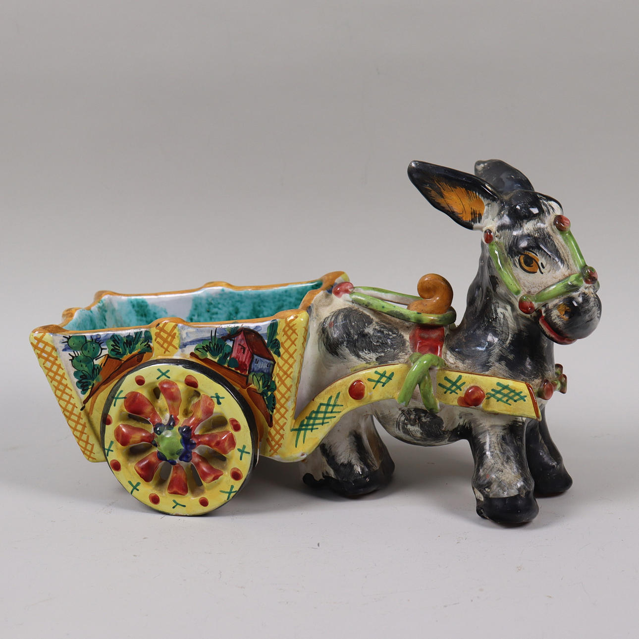 DONKEY WITH WAGON, Italy, glazed ceramic.