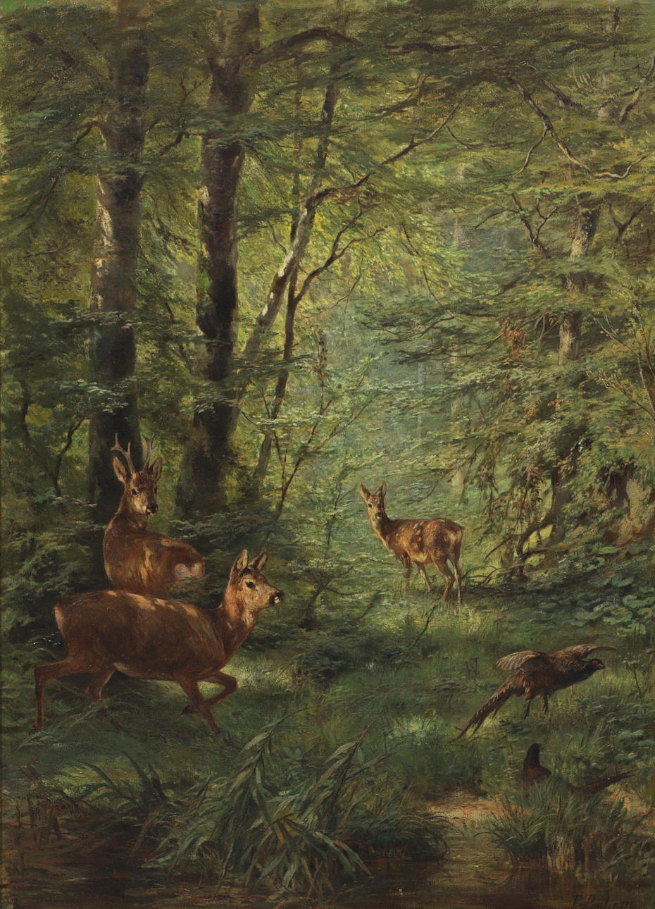 FRANZ VON PAUSINGER. Deer in forest glade, oil on canvas, signed and dated 1876.
