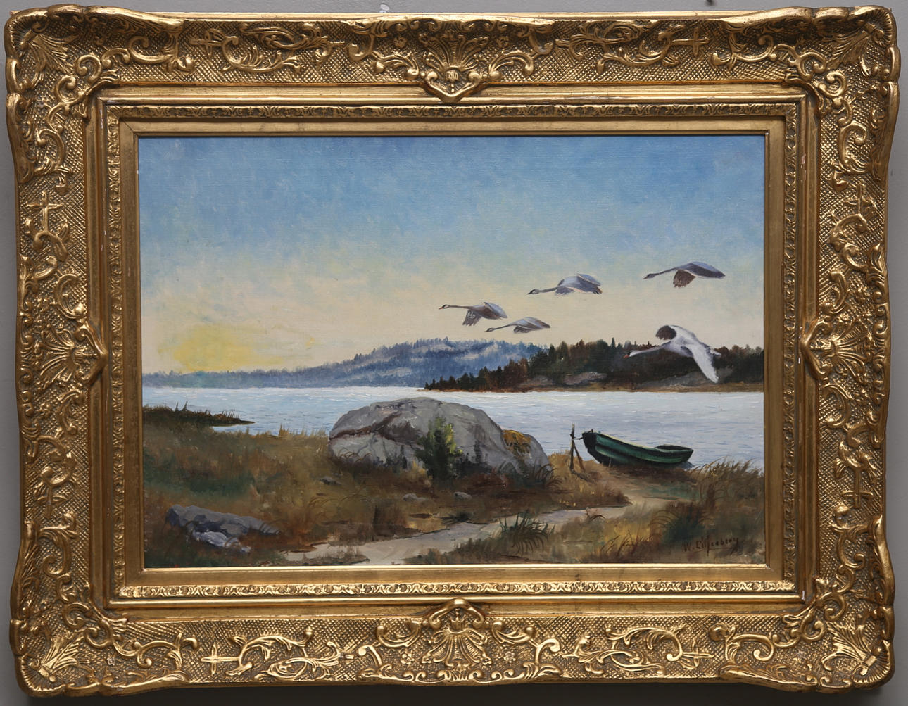 WALTER LILJENBERG. Flygande svanar över vatten. Olja på duk. Signade.