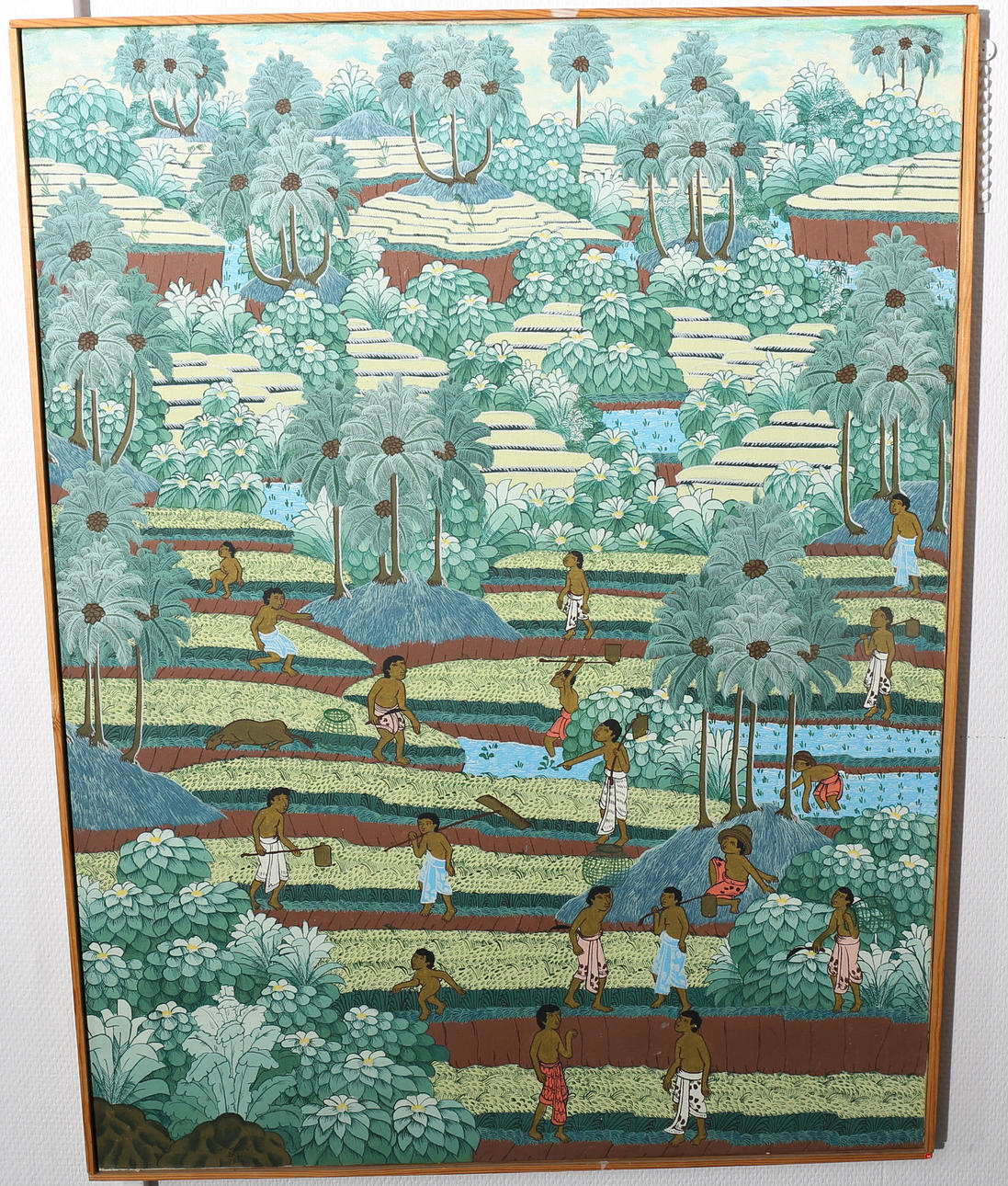 OIDENTIFIERAD KONSTNÄR. Olja på duk, "Arbete på åkern", signerad W Kasta, Bali, daterad -79.