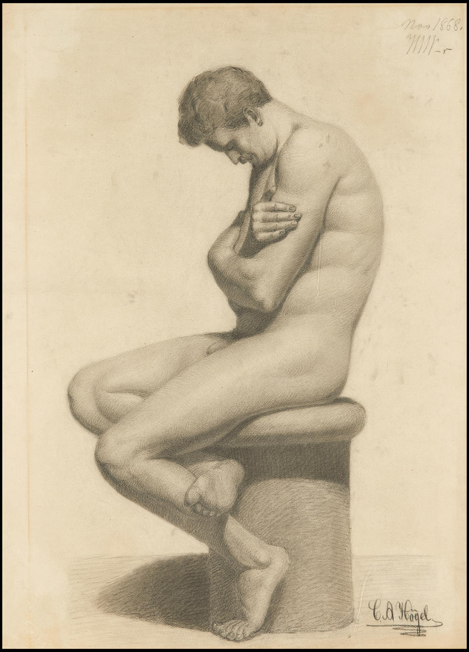 OIDENTIFIERAD KONSTNÄR. Seated male person, academy study, signed and dated C A Högel 1868, charcoal on paper.