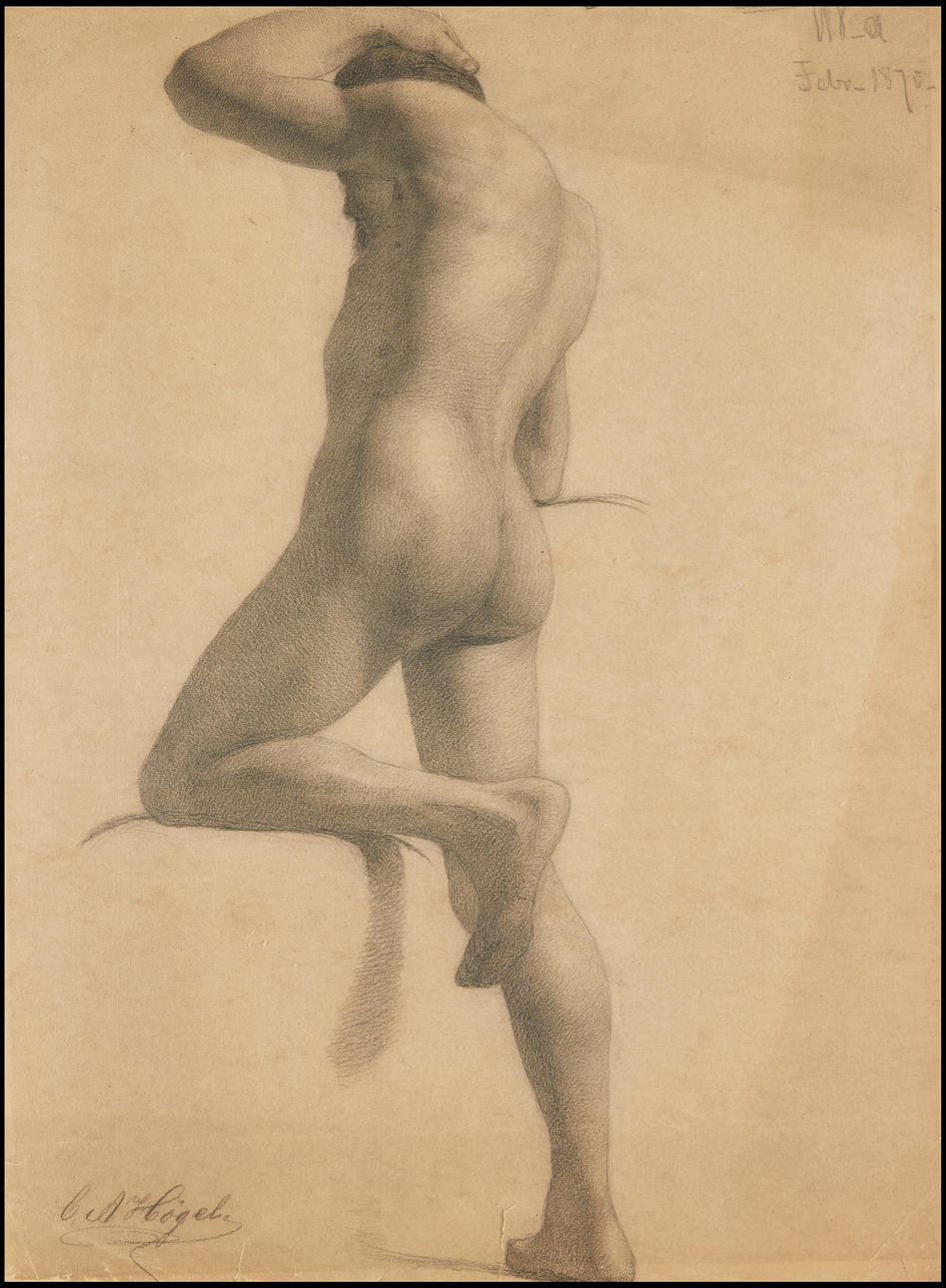 OIDENTIFIERAD KONSTNÄR. Seated male person, academy study, signed and dated C A Högel feb 1870, carbon on paper.