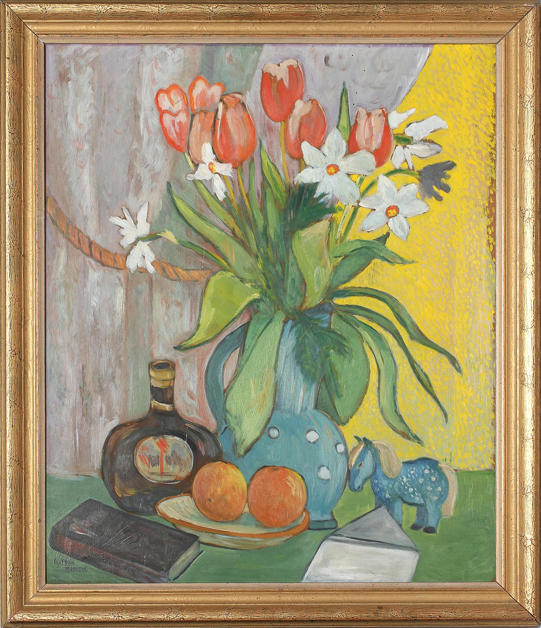 VILLY BUUS NIELSEN. Blomsterstilleben, olja på pannå. signerad.