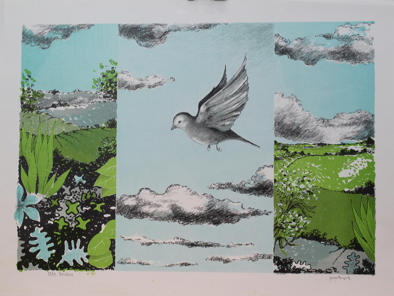 OLLE BERLIN. Fågel. Färglitografi. Singerad. Provtryck.