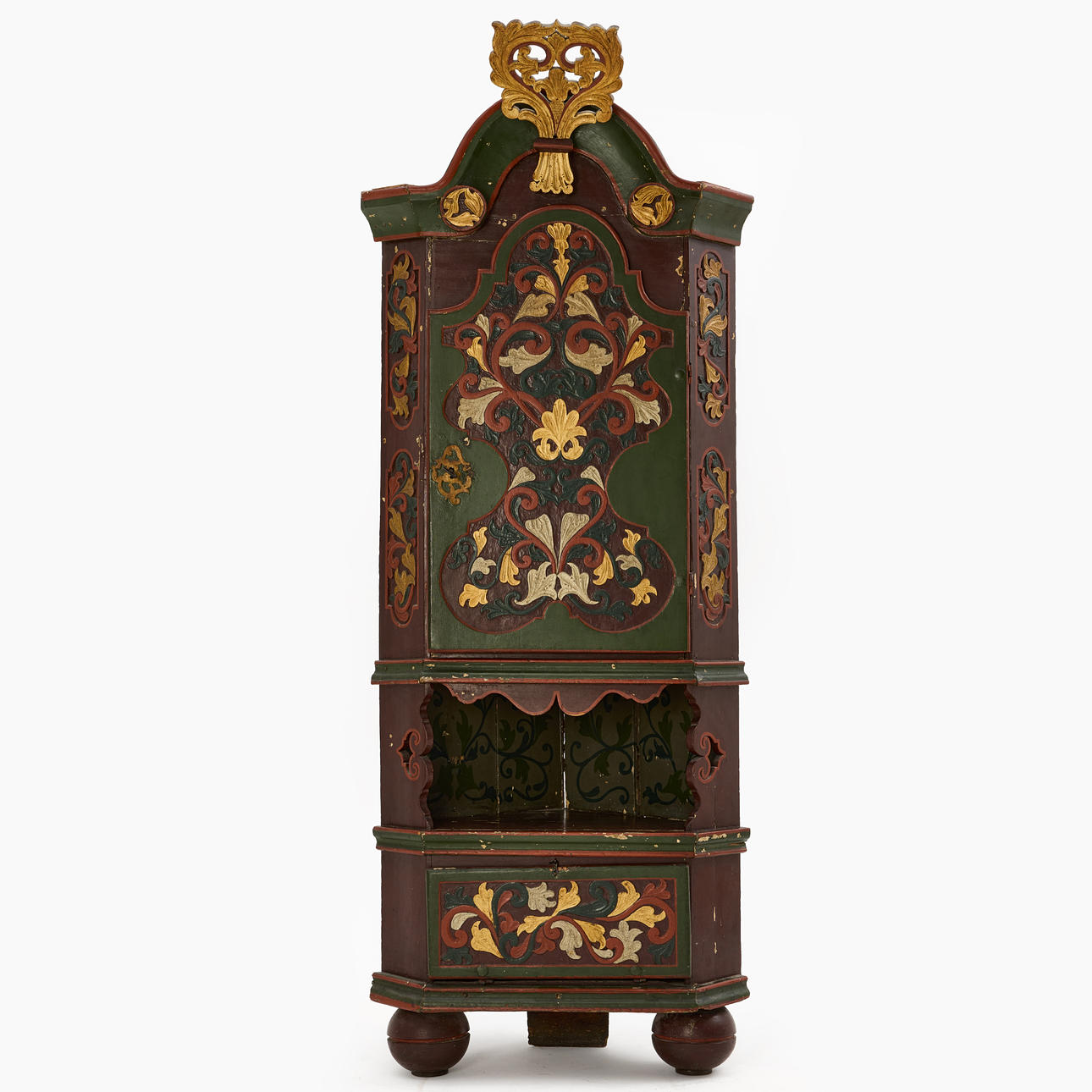 A 19th century corner cabinet, reportedly Norway.