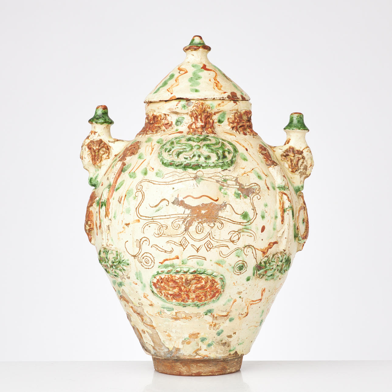 LOCKURNA, 19th century, probably Mediterranean, pattern and figural decor, glazed earthenware.