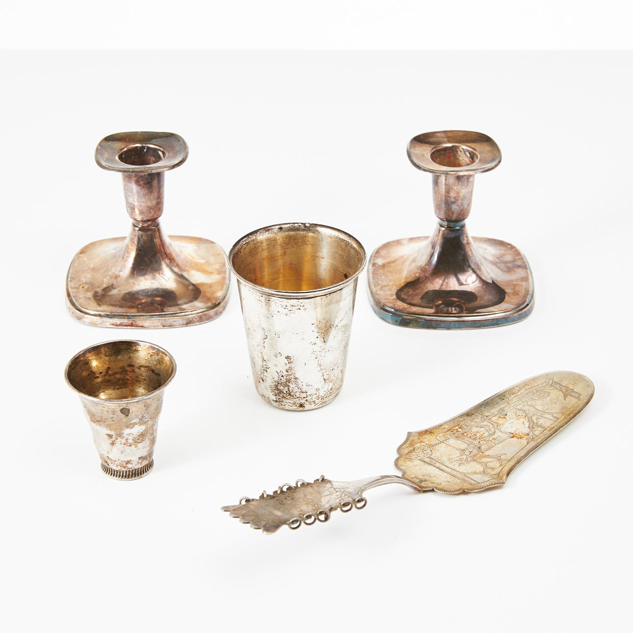 KERZENHALTER, 1 Paar, BECHER, 2 Stück, CAKE SPADE, silber.